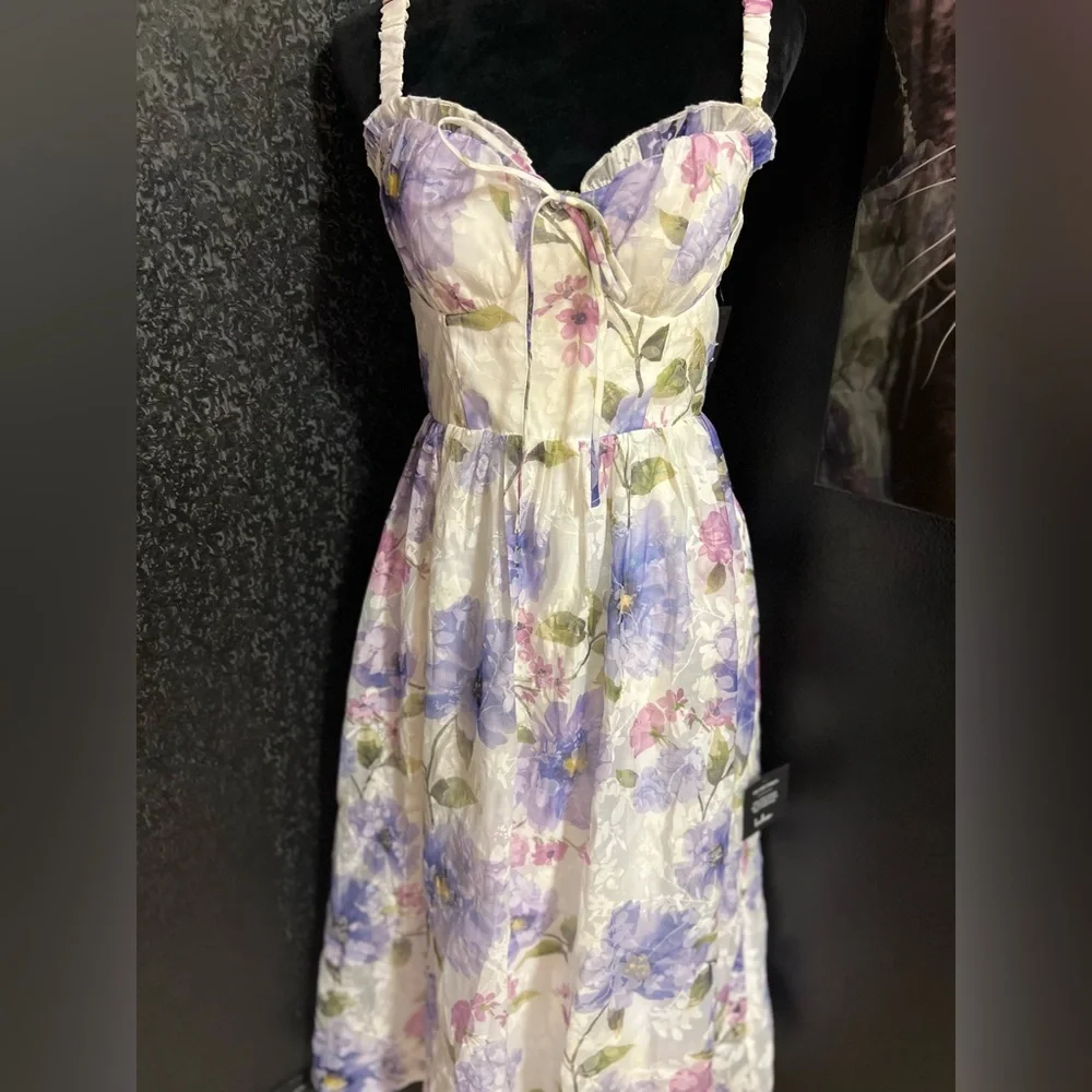 💜LULUS Hillela Ivory Floral Ruffled Lace-Up Midi Skater Dress💜SZ L- NWT - Picture 15 of 16